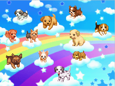 11 cute dogs of various breeds sitting on individual little clouds in the sky and there is a big rainbow and also stars